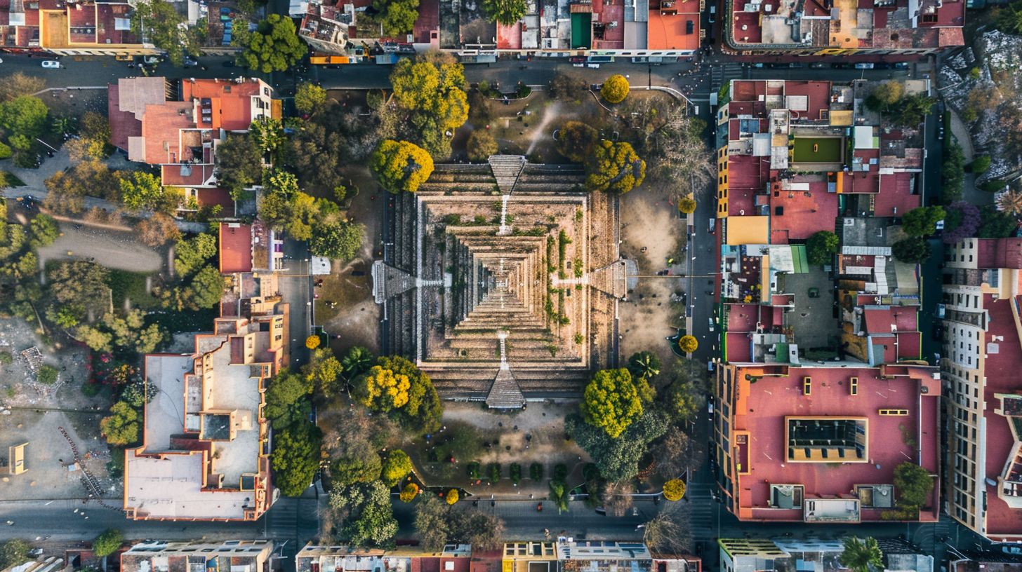 une structure pyramide entour&eacute;e d'une ville moderne aux couleurs vibrantes.